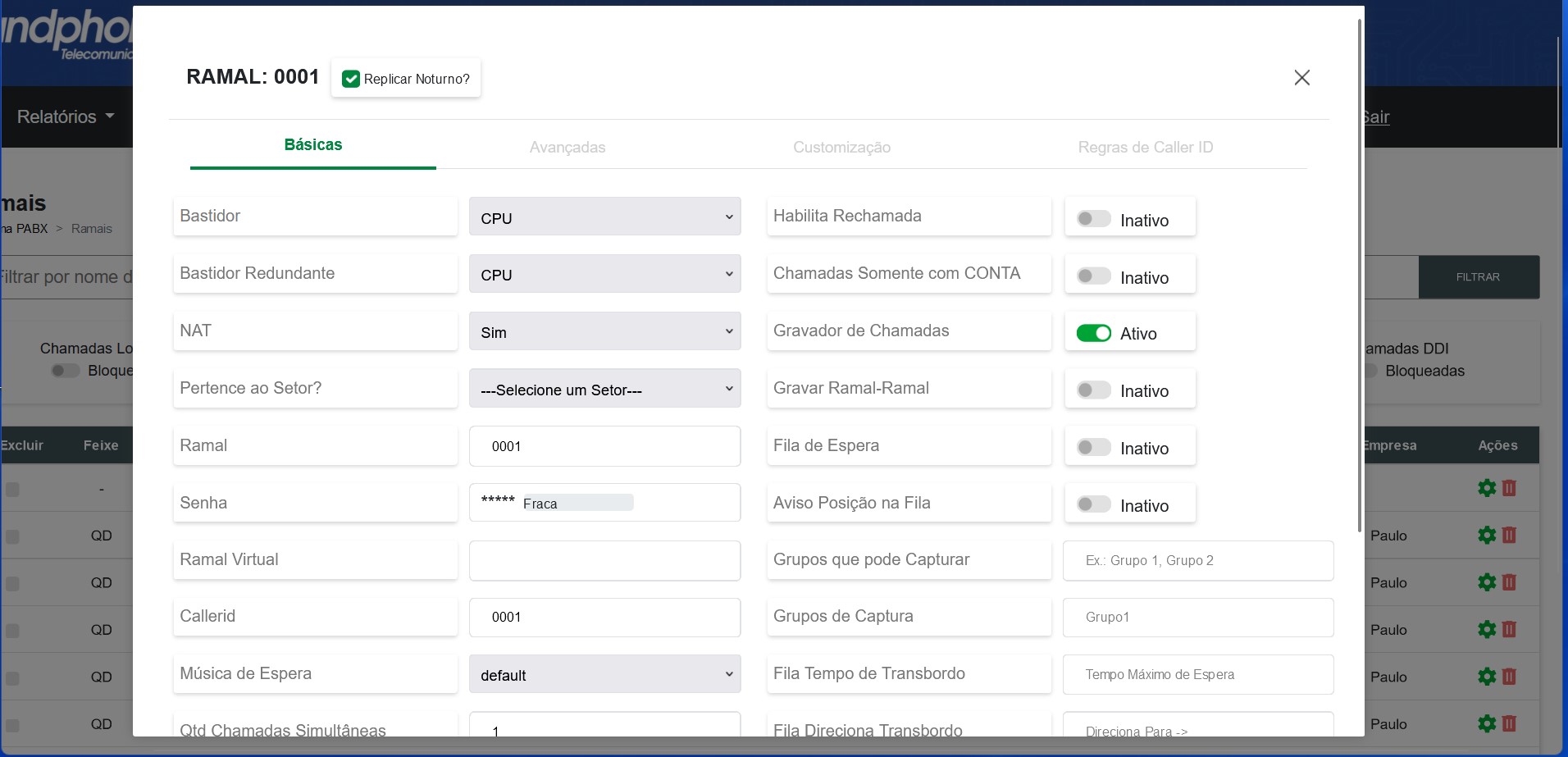 Relatórios Menus_Sistema Pabx Config de Ramais