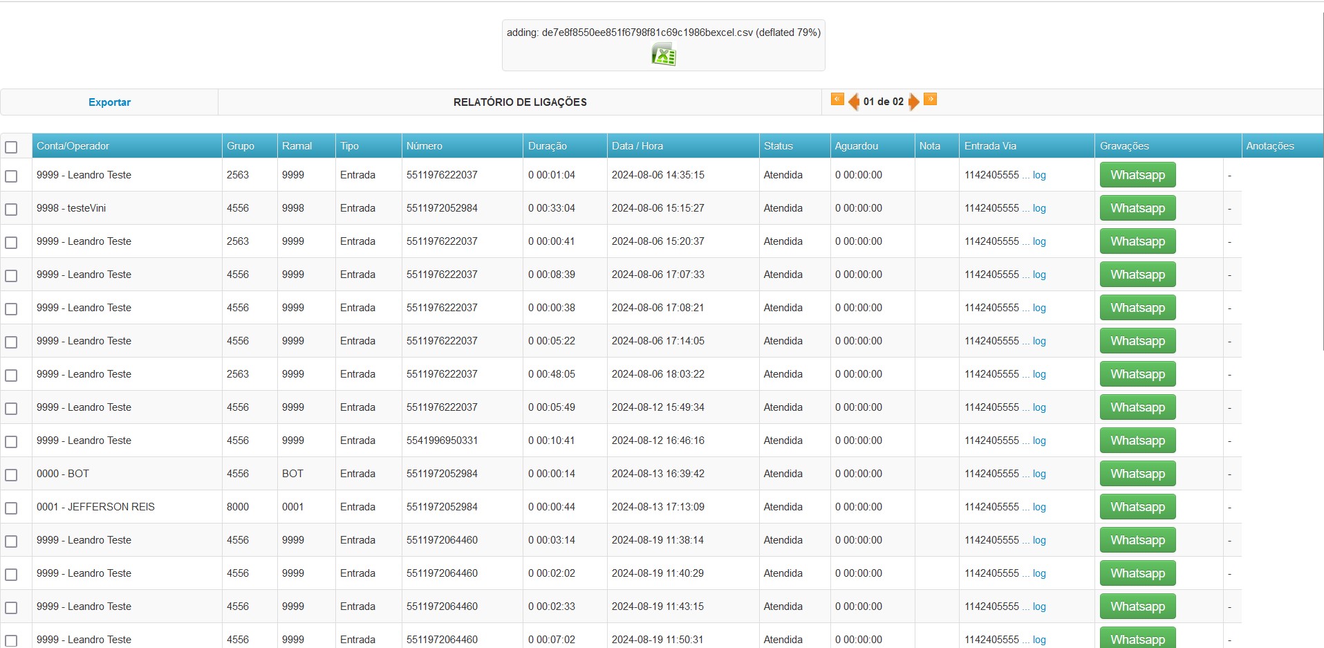 Tela Relatório de Conversas Voz, Whatsapp
