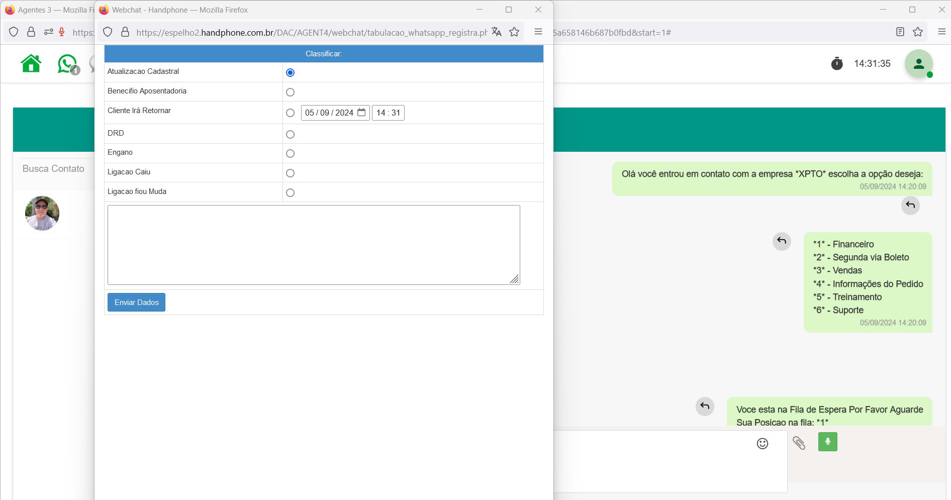 Tela de Classificação de Chamada